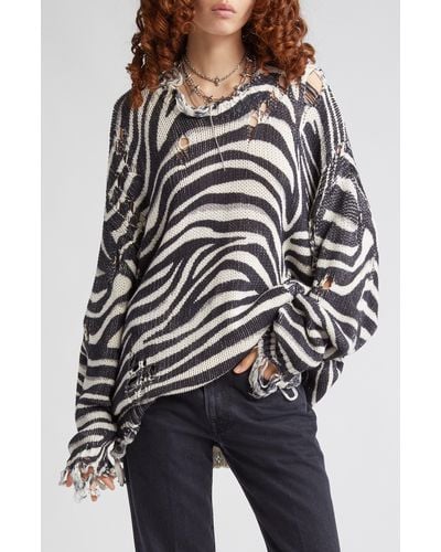 R13 Oversize Distressed Zebra Stripe Sweater - Black
