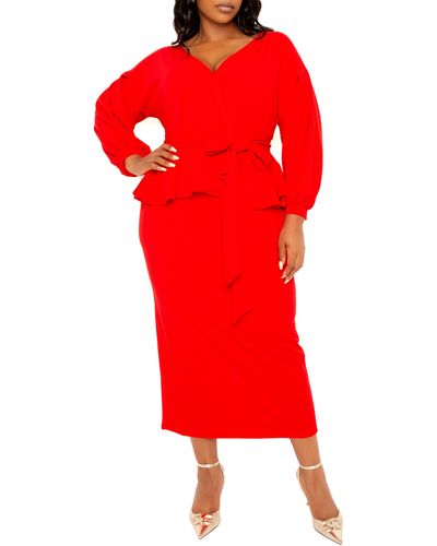Buxom Couture Convertible Shoulder Belted Peplum Midi Dress - Red