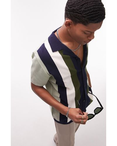 TOPMAN Stripe Short Sleeve Knit Button-up Camp Shirt - Blue