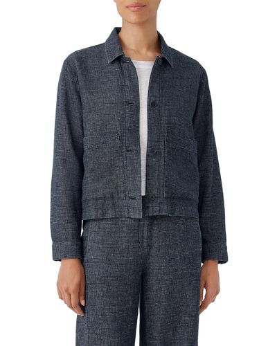 Eileen Fisher Classic Collar Tweed Hemp & Organic Cotton Jacket - Blue