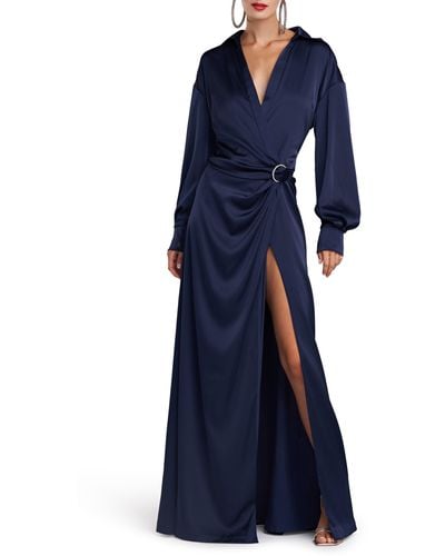 Halston Ivon Long Sleeve Satin Charmeuse Gown - Blue