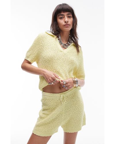 TOPSHOP Stitchy Textured Short Sleeve Sweater - Yellow