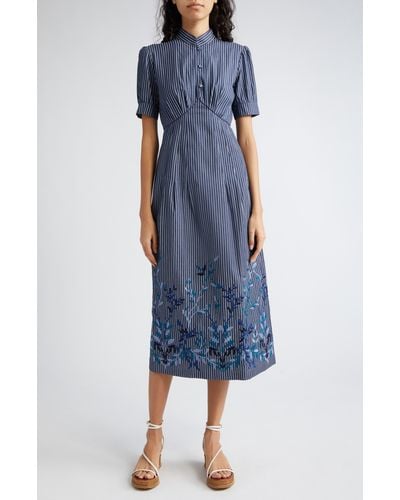 Loretta Caponi Clea Stripe Embroidered Midi Dress - Blue