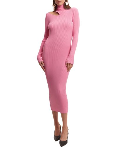 Bardot Ainsley Cutout Long Sleeve Turtleneck Rib Sweater Dress - Pink