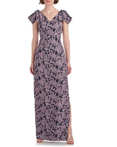 JS Collections Gwendolyn Embroidered Bow Shoulder Column Gown - Purple