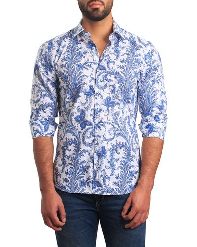 Jared Lang Trim Fit Floral Cotton Button-up Shirt - Blue