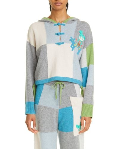 YANYAN Embroidered Colorblock Check Wool Hooded Sweater - Blue