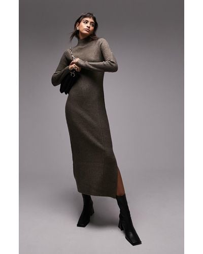 TOPSHOP Long Sleeve Funnel Neck Rib Sweater Dress - Gray