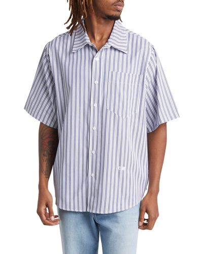 Checks Stripe Boxy Fit Short Sleeve Button-up Shirt - Blue