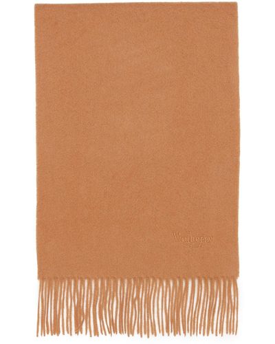 Mulberry Embroidered Logo Fringe Trim Cashmere Scarf - Brown