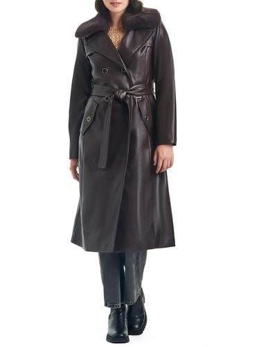 Vince Camuto Faux Leather Trench Coat With Removable Faux Fur Collar - Black