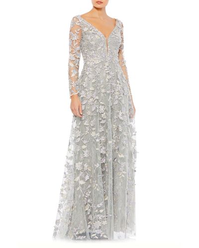 Mac Duggal Floral Appliqué Long Sleeve Lace A-line Gown - Gray