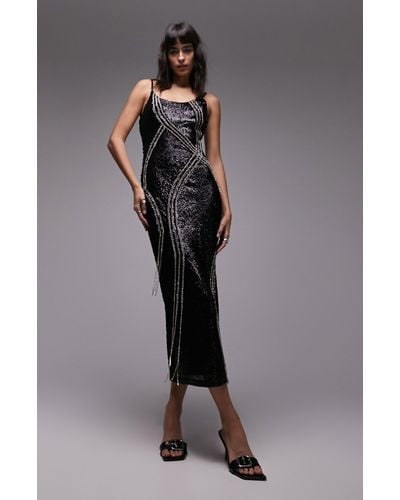 TOPSHOP Rhinestone Embellished Sequin Midi Dress - Black