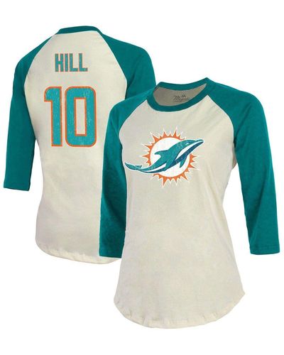 Majestic Threads Tyreek Hill /aqua Miami Dolphins Name & Number Raglan 3/4 Sleeve T-shirt At Nordstrom - Blue