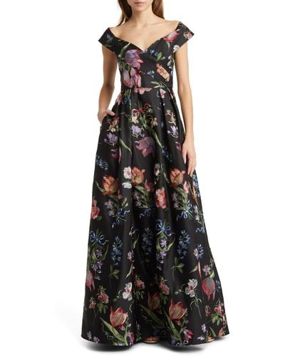 Marchesa Floral Embroidered Off-the-shoulder A-line Gown - Black