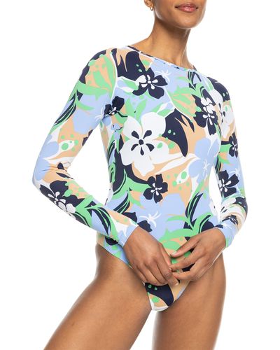 Roxy Floral Long Sleeve One-piece Swimsuit - Blue