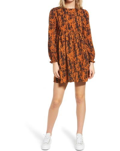BP. Print Shirred Long Sleeve Dress - Orange
