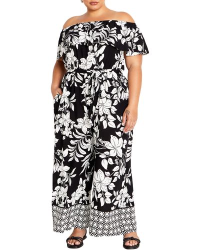 City Chic Sienna Floral Off The Shoulder Jumpsuit - White