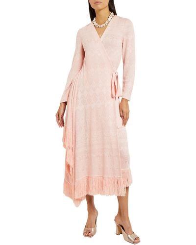 Misook Bracelet Sleeve Jacquard Midi Wrap Dress - Pink