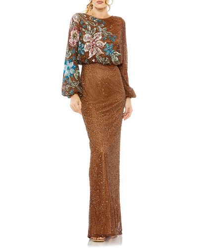 Mac Duggal Embellished Sequin Long Sleeve Blouson Gown - Natural