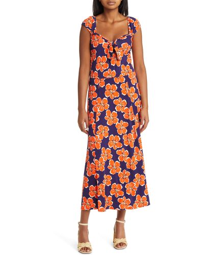 Loveappella Tropical Floral Print Midi Dress - Red