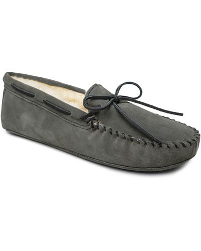 Minnetonka Genuine Shearling Lined Leather Slipper - Gray