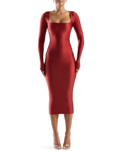 Naked Wardrobe Squa Away Long Sleeve Body-con Midi Dress At Nordstrom - Red
