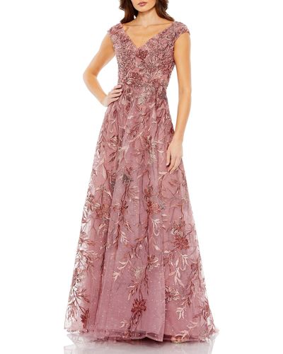 Mac Duggal Embroidered Tulle V Neck Gown - Multicolor