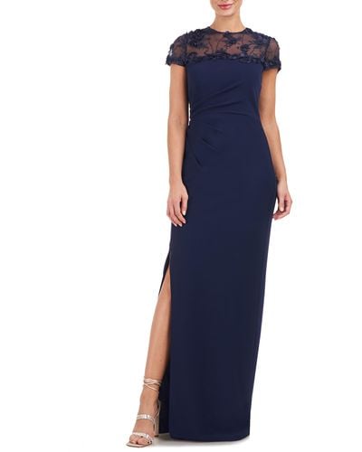 JS Collections Laney Rosette Embroidered Mesh Yoke Sheath Gown - Blue