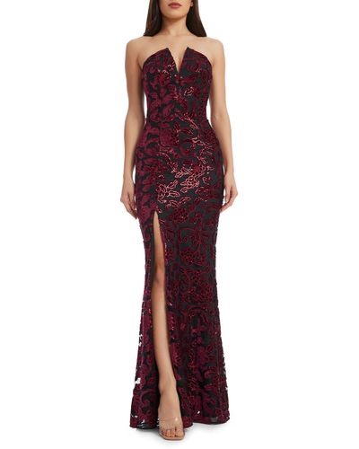 Dress the Population Fernanda Floral Sequin Strapless Evening Gown - Red