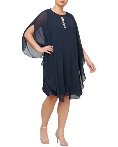 SLNY High Neck Multi Chiffon Capelet & Dress 2-piece Set - Blue