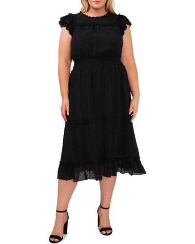 Cece Clip Dot Ruffle Tiered Midi Dress - Black