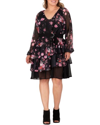 Standards & Practices Floral Print Belted Long Sleeve Chiffon Dress - Black