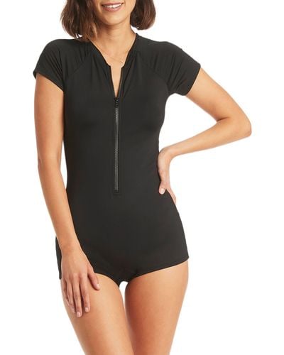 Sea Level Short Sleeve Zip One-piece Swimsuit - Black