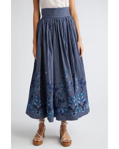 Loretta Caponi Vanessa Floral Embroidered Stripe A-line Skirt - Blue