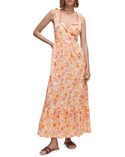 Mango Floral Print Cotton Sleeveless Dress - Orange