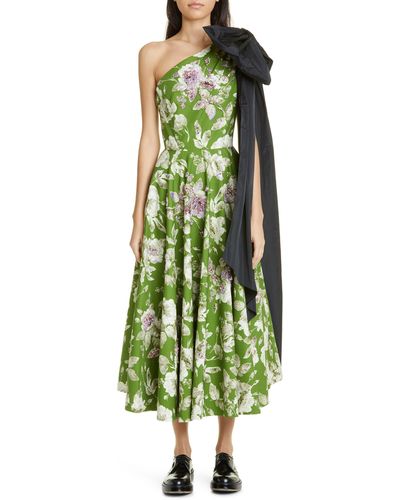 Erdem Johanne Jeweled Floral Print One-shoulder Midi Dress With Bow - Green