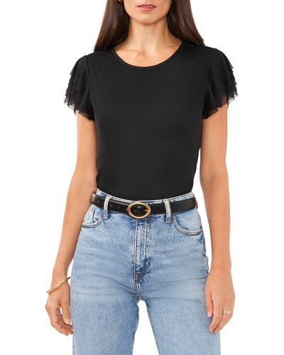 Vince Camuto Flutter Sleeve Mesh Top - Black