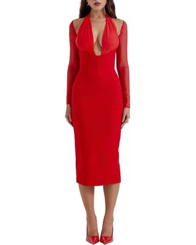 House Of Cb Yasmin Long Sleeve Body-con Midi Cocktail Dress - Red