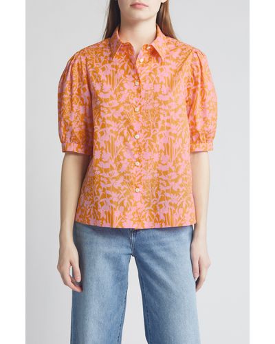 Liberty Floral Puff Sleeve Cotton Shirt - Orange
