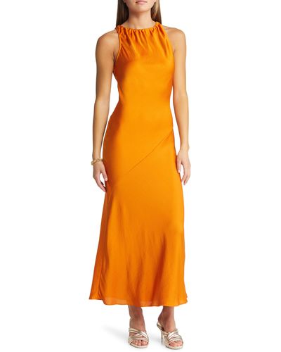 Open Edit Halter Neck Satin Midi Dress - Orange