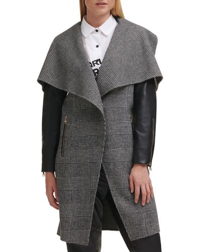 Karl Lagerfeld Mix Plaid Drape Collar Wool Blend Coat - Black