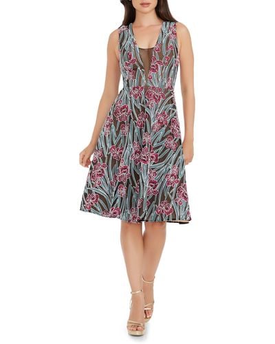 Dress the Population Macie Floral Embroidery Fit & Flare Dress - Multicolor