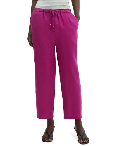 Mango Elastic Waist Crop Straight Leg Linen Pants - Purple