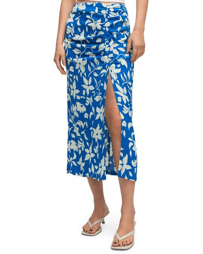 Mango Floral Side Slit High Waist Midi Skirt - Blue