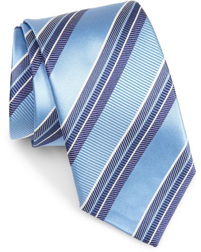 David Donahue Stripe Silk & Cotton Tie - Blue
