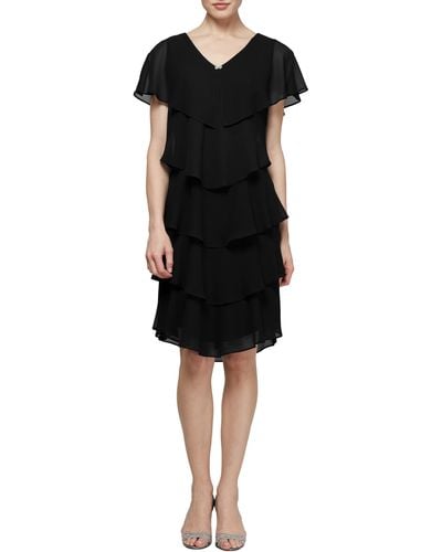Sl Fashions Cape Top Tiered Georgett Dress - Black