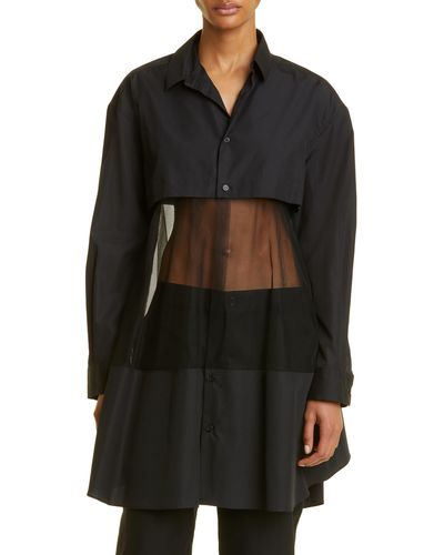Noir Kei Ninomiya Long Sleeve Broadcloth & Tulle Shirtdress - Black