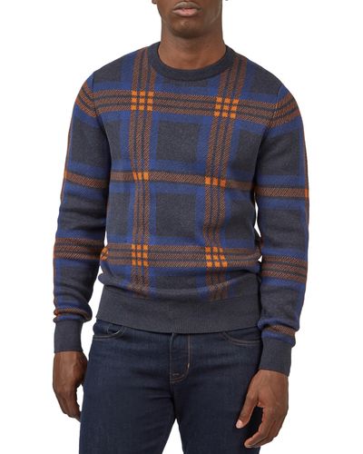 Ben Sherman Jacquard Check Cotton Crewneck Sweater - Blue