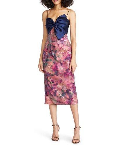 THEIA Rosa Sequin Floral Print Asymmetric Bow Cocktail Dress - Red